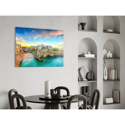 Vibrant coastal town glass wall art with turquoise waters and sunset cliffs