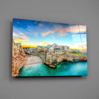 Coastal Town Glass Wall Art with Turquoise Waters and Cliffs | Glass Wall Art Print | vintageantiquesgifts.com