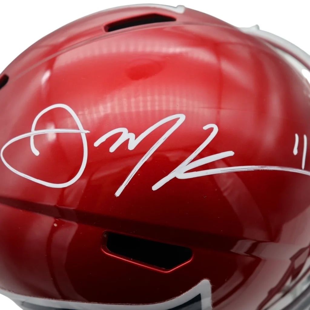 Julian Edelman autographed red Patriots helmet with white number 11