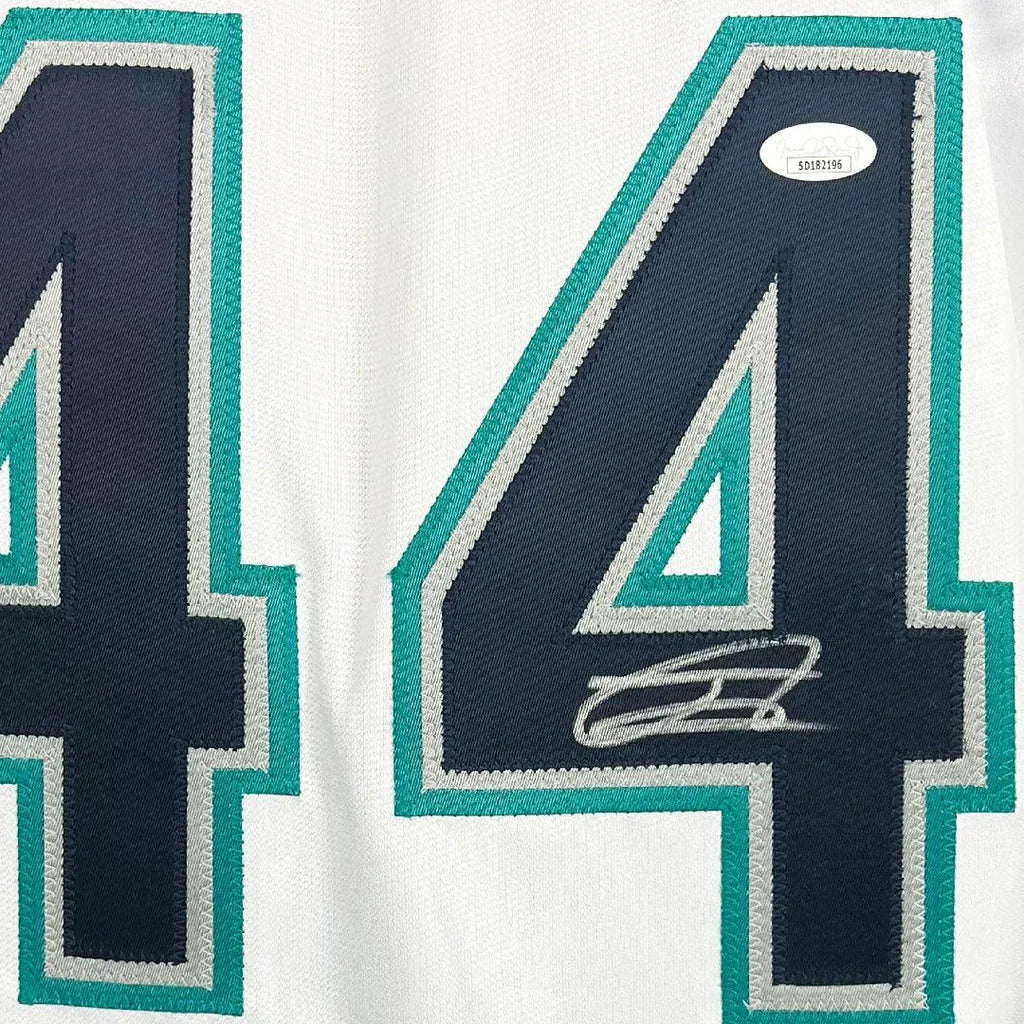 Julio Rodriguez autographed white Seattle jersey with navy blue and teal number 44