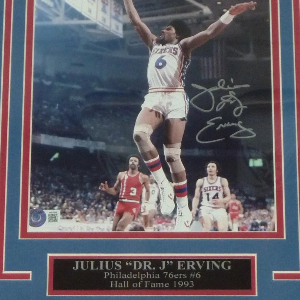 Autographed 8x10 photo of Julius Dr J Erving, deluxe framed Philadelphia 76ers display