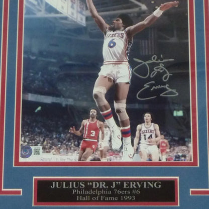 Autographed 8x10 photo of Julius Dr J Erving, deluxe framed Philadelphia 76ers display