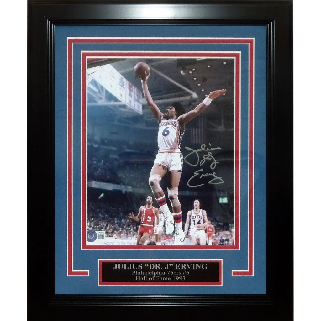 Julius Dr J Erving signed 8x10 photo deluxe framed Philadelphia 76ers