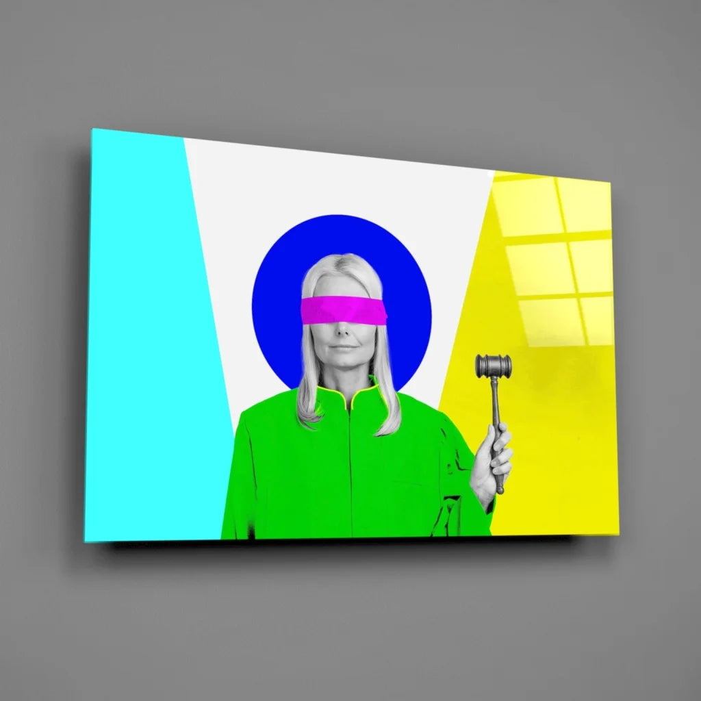 Vibrant pop art woman with gavel on neon justice glass wall art