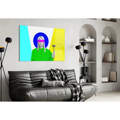 Neon Justice pop art glass wall art with blindfolded figure and gavel