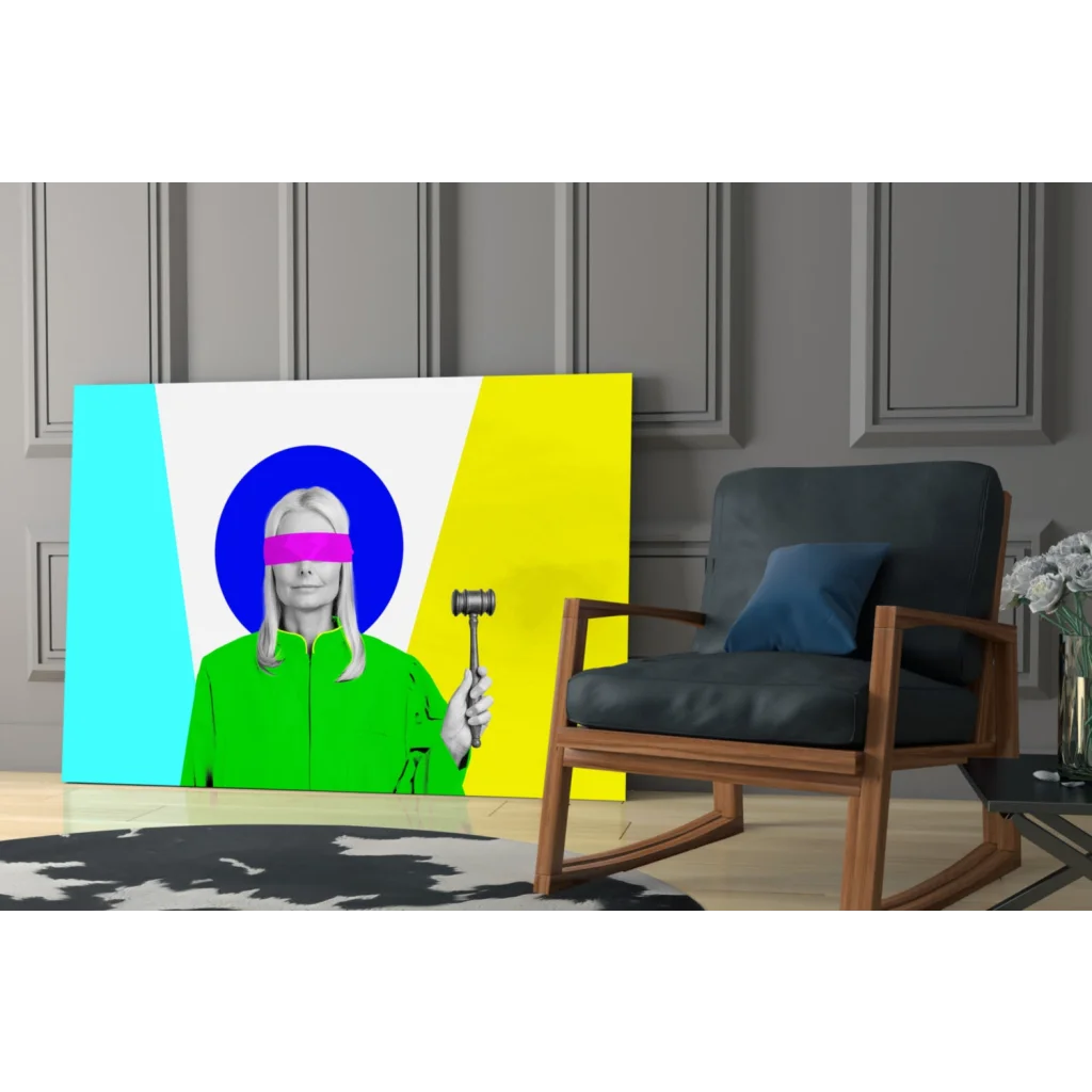 Vibrant neon justice pop art glass wall decor with blindfolded green figure holding gavel