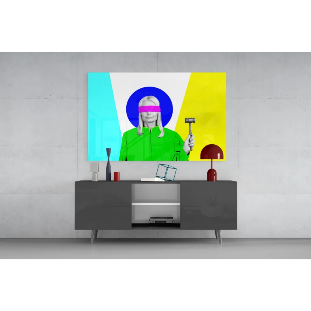 Neon justice pop art glass wall art with blindfolded gavel figure