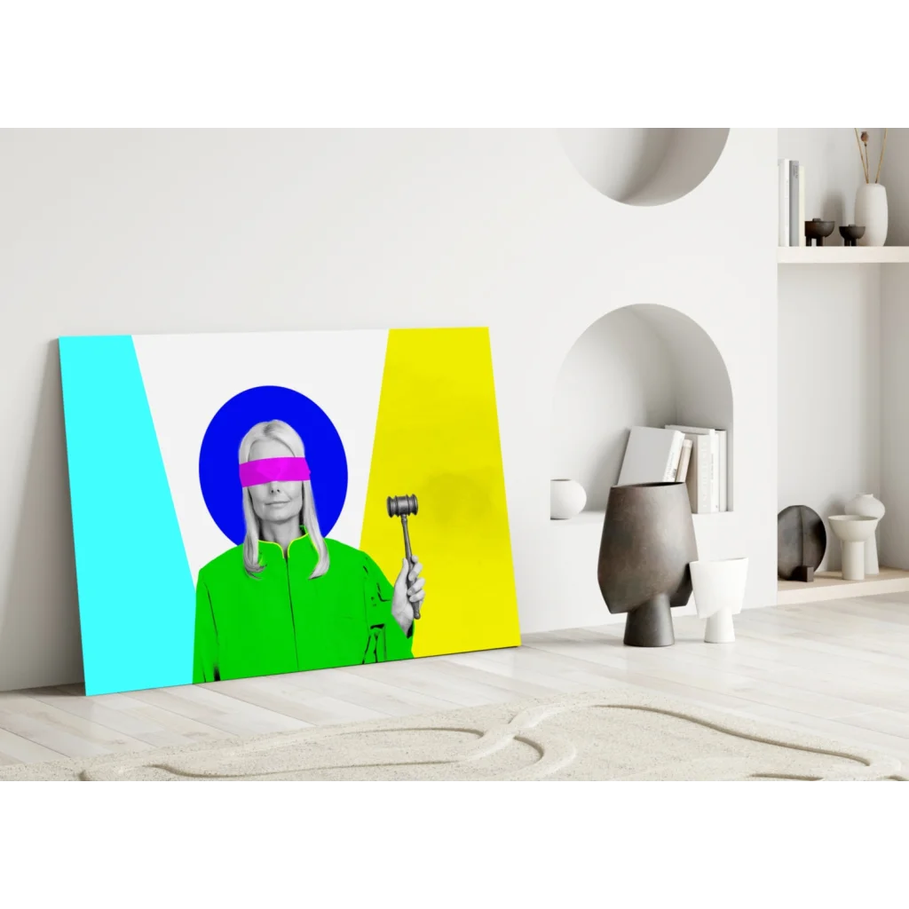 Neon justice pop art glass wall decor with vibrant figure and gavel