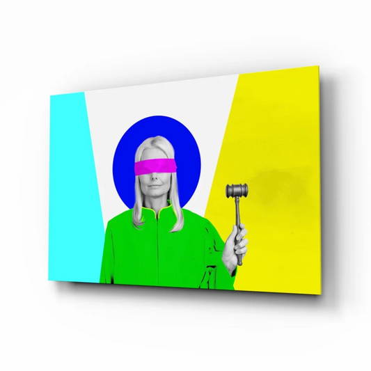 Vibrant pop-art woman in green jacket with gavel on glass wall art