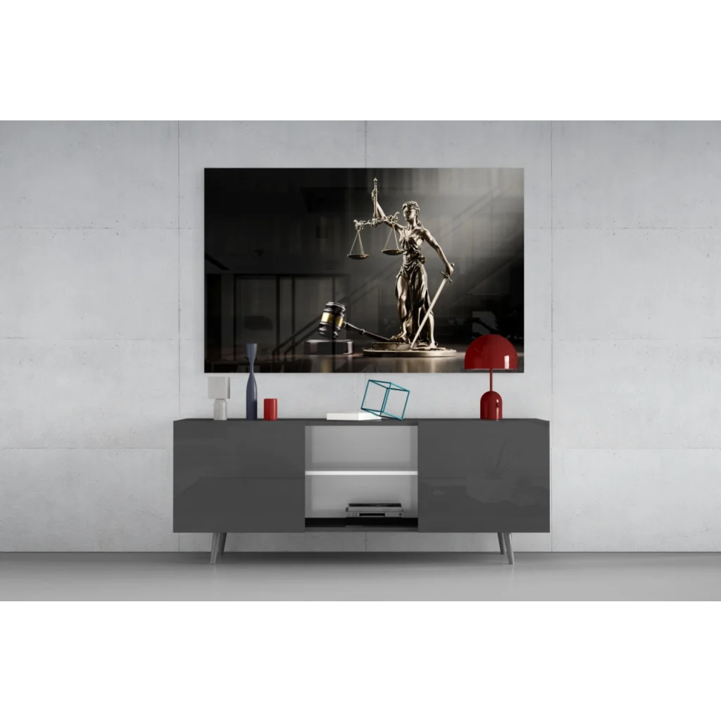 Black and white Lady Justice statue with scales, sword, gavel wall art