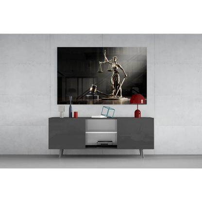 Black and white Lady Justice statue with scales, sword, gavel wall art