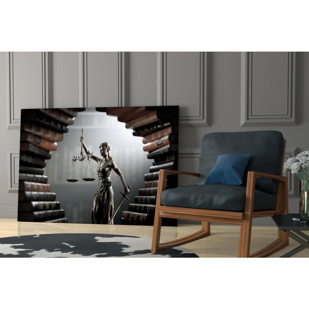 Lady Justice statue on black silver canvas in glass wall art print