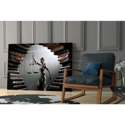 Lady Justice statue on black silver canvas in glass wall art print