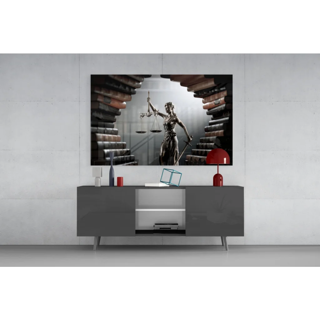 Black-and-white Lady Justice statue on glass wall art with stacked books