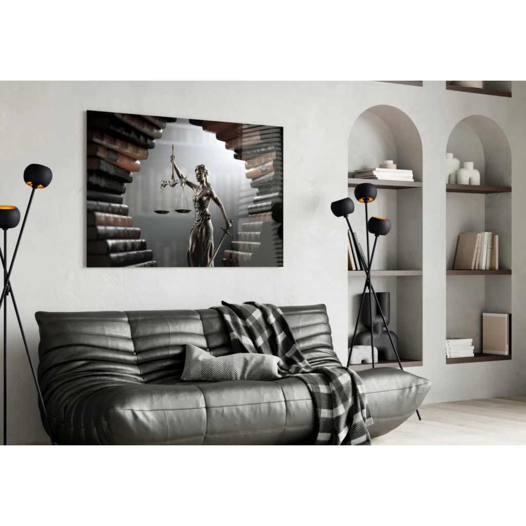 Stunning glass wall art on black leather sofa with tufted cushions