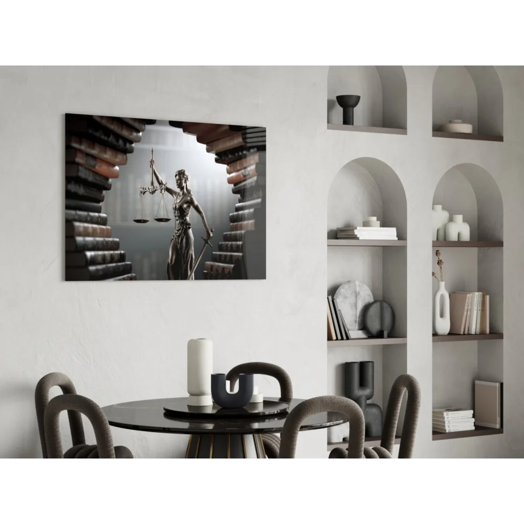 Black-and-white Lady Justice glass wall art print with books