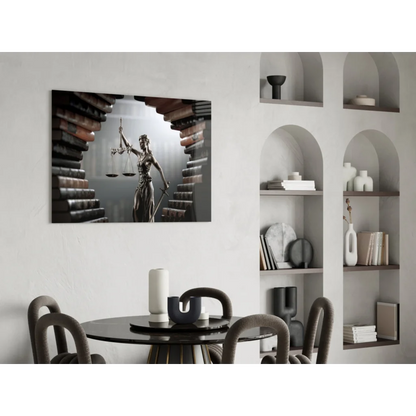 Black-and-white Lady Justice glass wall art print with books