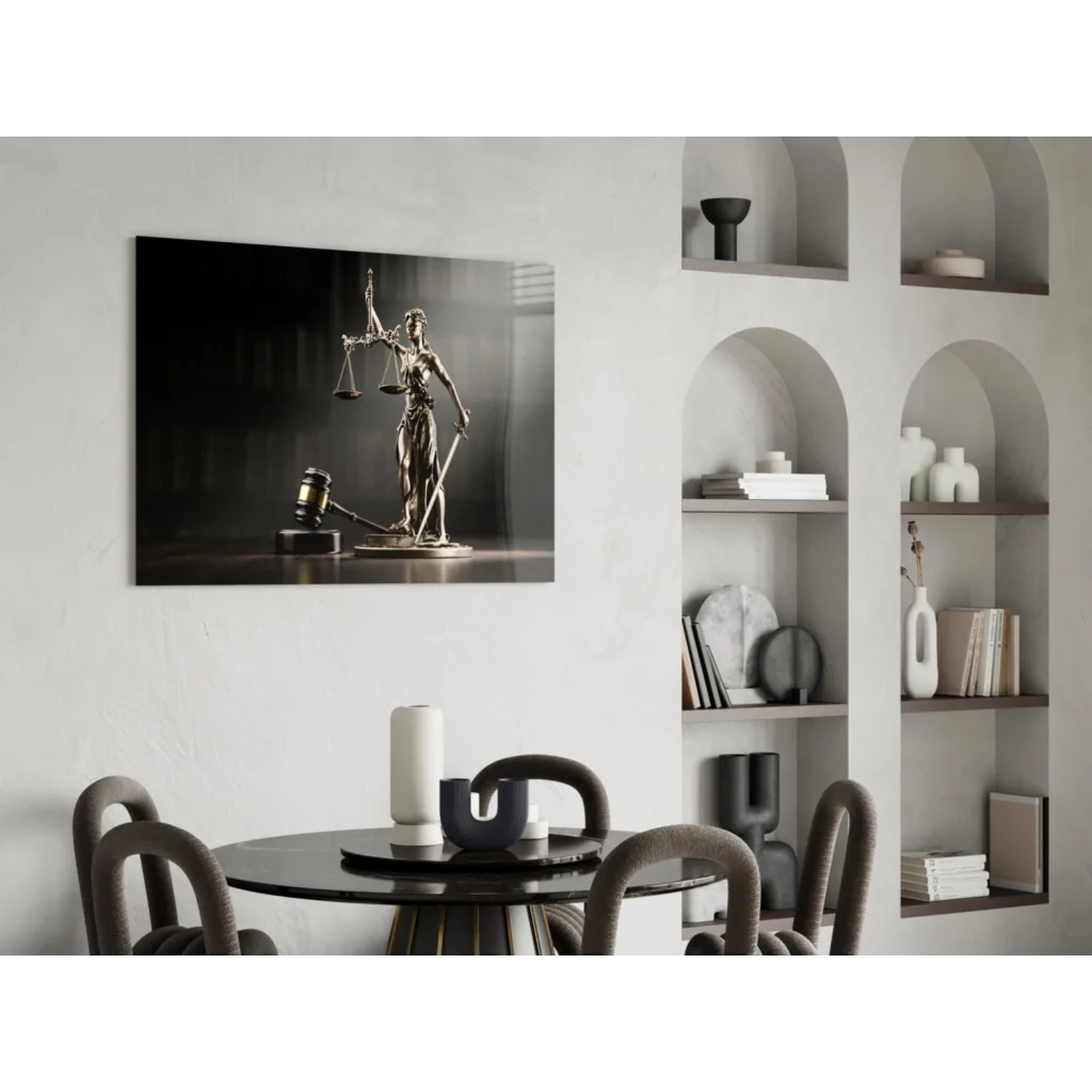 Black and white Lady Justice scales gavel framed glass wall art