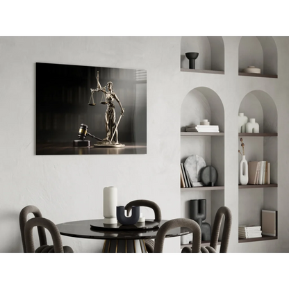 Black and white Lady Justice scales gavel framed glass wall art