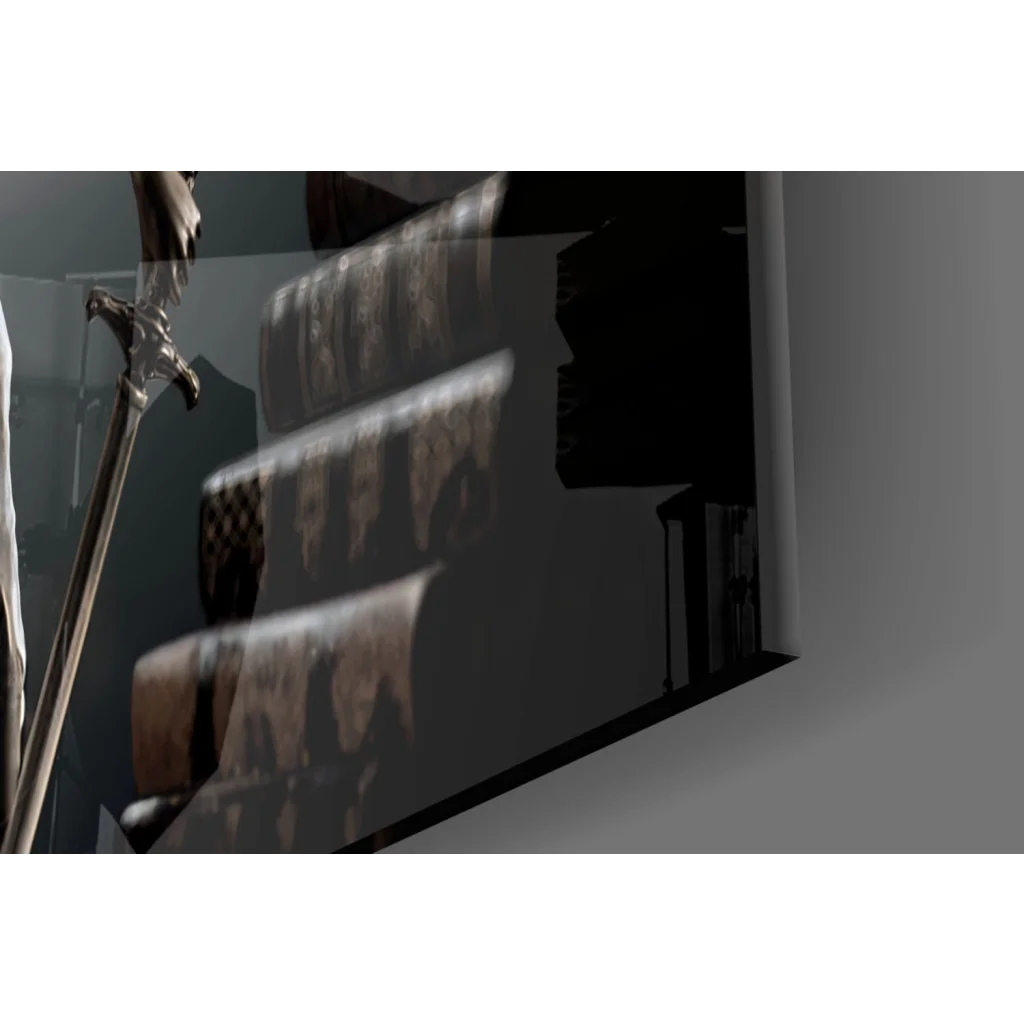 Stunning metallic sword glass wall art print on reflective surface