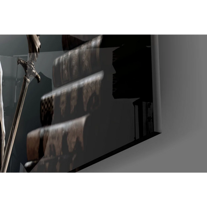 Stunning metallic sword glass wall art print on reflective surface