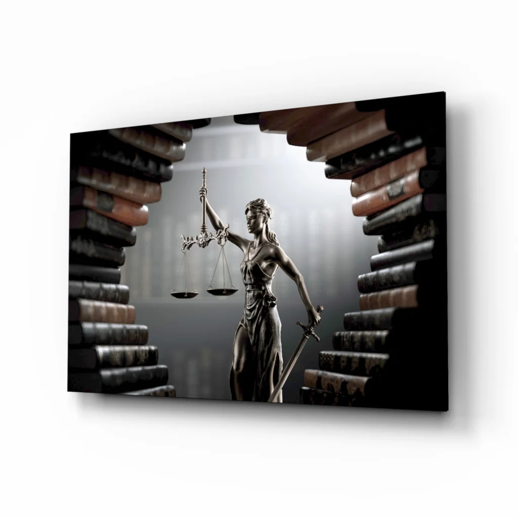 Bronze lady justice statue on glass wall art print with scales and sword