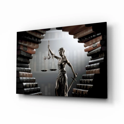 Bronze lady justice statue on glass wall art print with scales and sword