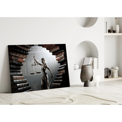 Lady Justice glass wall art print on canvas with scales and sword