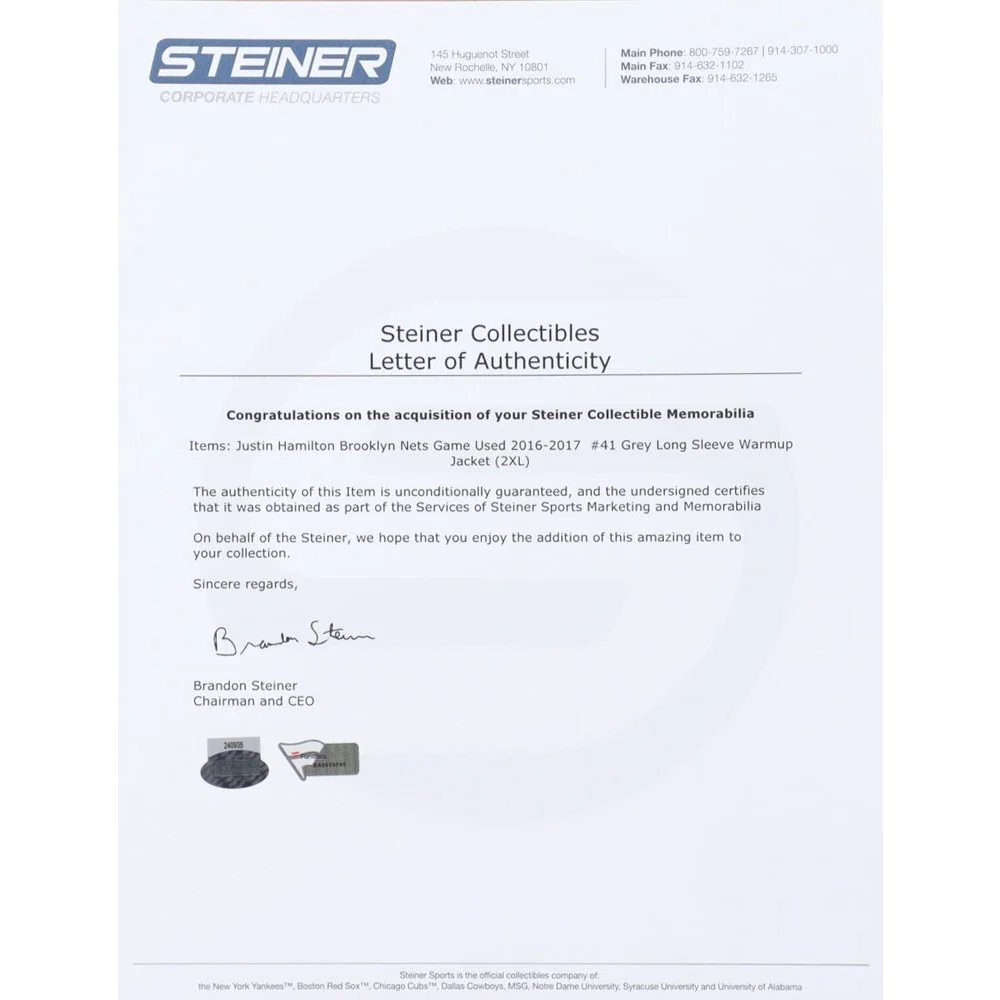 Justin Hamilton game-worn Brooklyn Nets jacket with Steiner LOA and Fanatics hologram