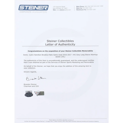 Justin Hamilton game-worn Brooklyn Nets jacket with Steiner LOA and Fanatics hologram