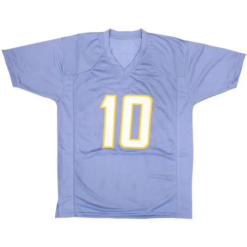 Light blue mesh powder blue jersey with bold yellow number 10 and justin herbert autographed for los angeles fans