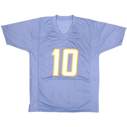 Light blue mesh powder blue jersey with bold yellow number 10 and justin herbert autographed for los angeles fans