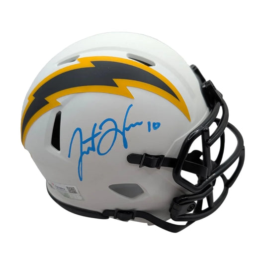 Justin Herbert Signed Chargers Lunar Mini Helmet in White and Gold | Creative Sports | vintageantiquesgifts.com