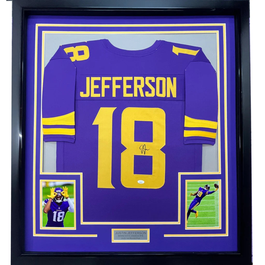Framed Justin Jefferson signed Vikings jersey with photos and nameplate ready to hang