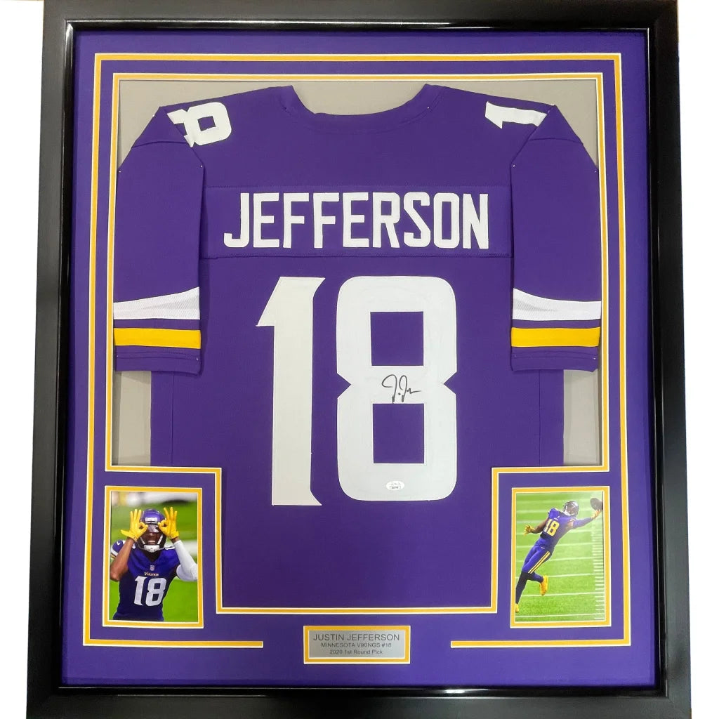 Justin Jefferson signed Vikings jersey framed with photos for your man cave decor