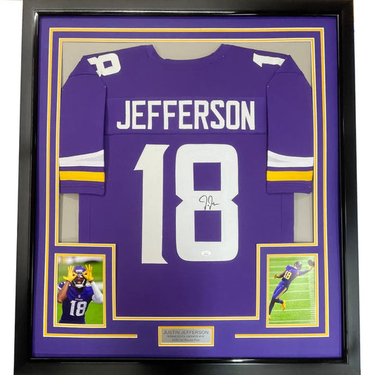 Justin Jefferson signed Vikings jersey framed with photos for your man cave decor