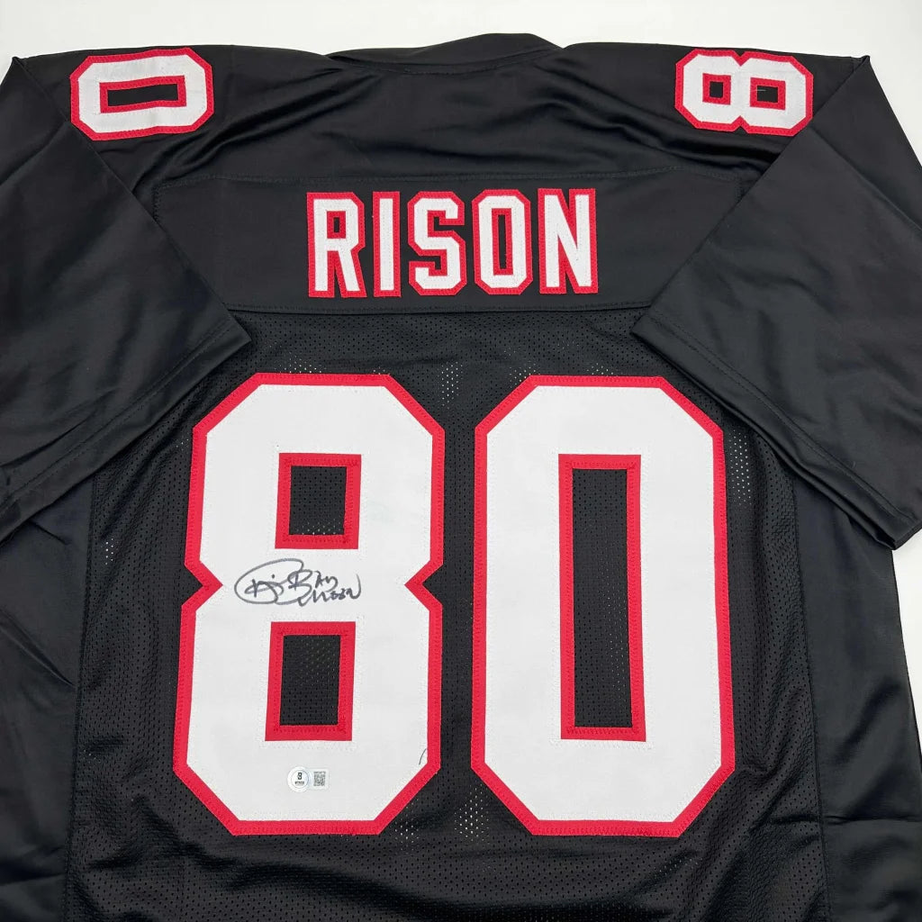 Signed Justin Rison custom jersey number 80, black and white with red accents
