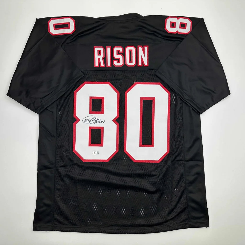 Autographed black and white custom jersey with red accents by Justin Rison #80