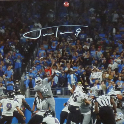 Justin Tucker autographed deluxe framed 16x20 photo of Ravens kicker mid-air in gray uniform number 75