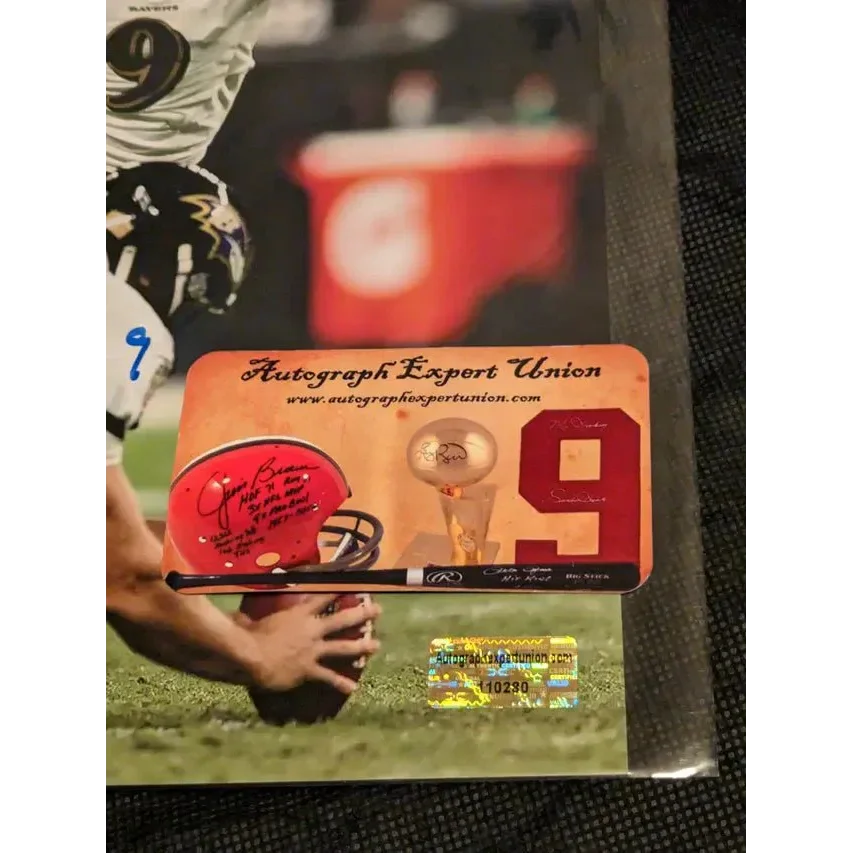 Justin Tucker signed autographed 8x10 Ravens display with helmet, trophy, bat, and number 9