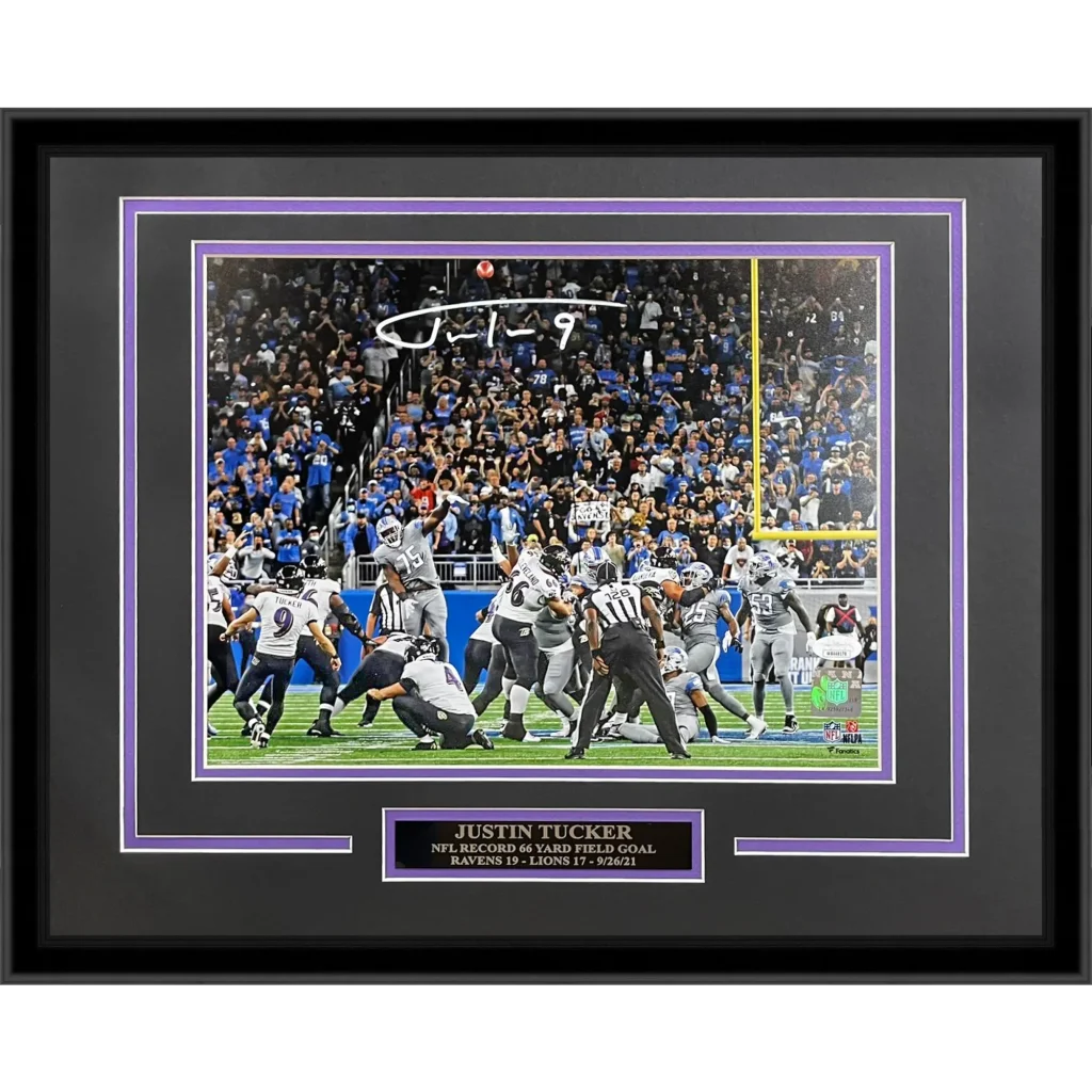 Justin Tucker signed deluxe framed 11x14 record-breaking kick photo