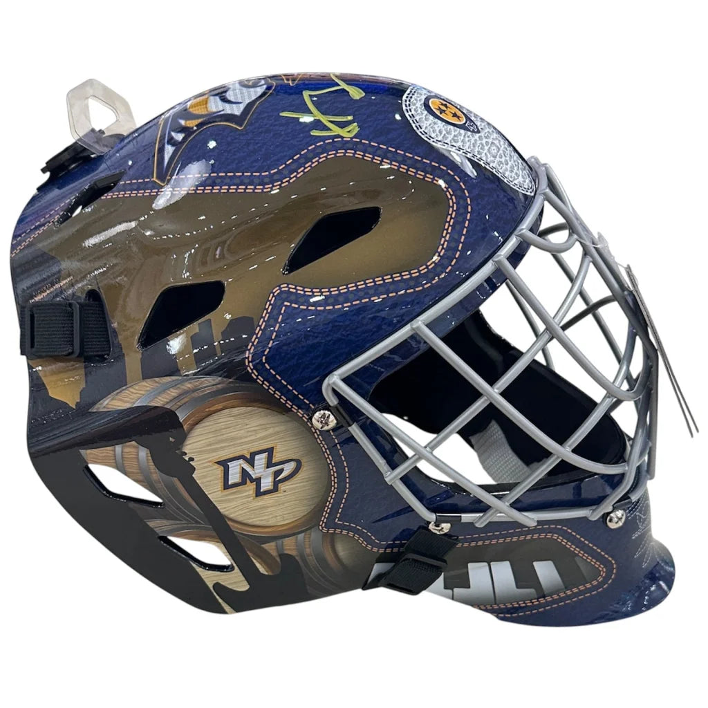 Juuse Saros autographed Nashville Predators blue gold goalie mask