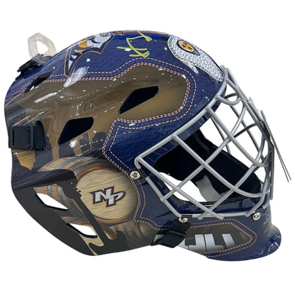 Juuse Saros autographed Nashville Predators blue gold goalie mask