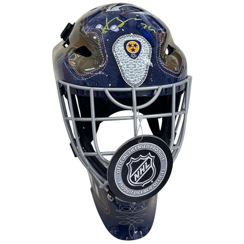 Juuse Saros autographed Nashville Predators dark blue goalie mask with NHL patch
