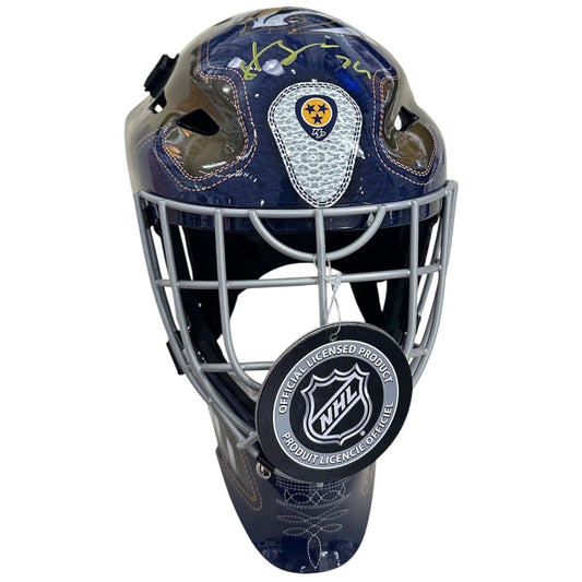 Juuse Saros autographed Nashville Predators dark blue goalie mask with NHL patch