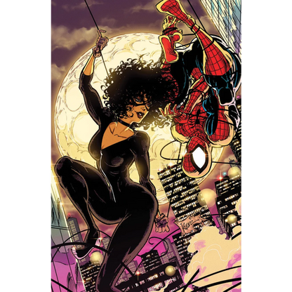 Comic book illustration of a woman in a black catsuit with Spider-Man upside down by Kaare Andrews