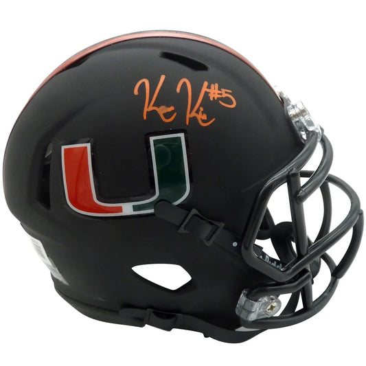 Signed black Miami Hurricanes mini helmet with orange U logo, Beckett witness
