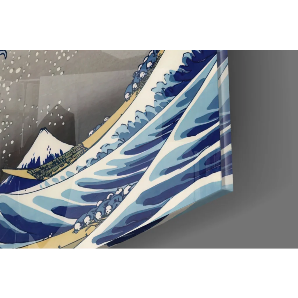 Vibrant Japanese wave glass wall art with Mount Fuji