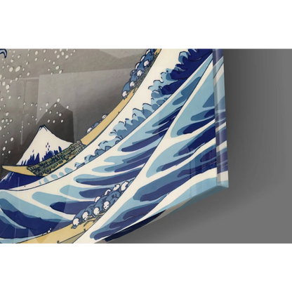 Vibrant Japanese wave glass wall art with Mount Fuji