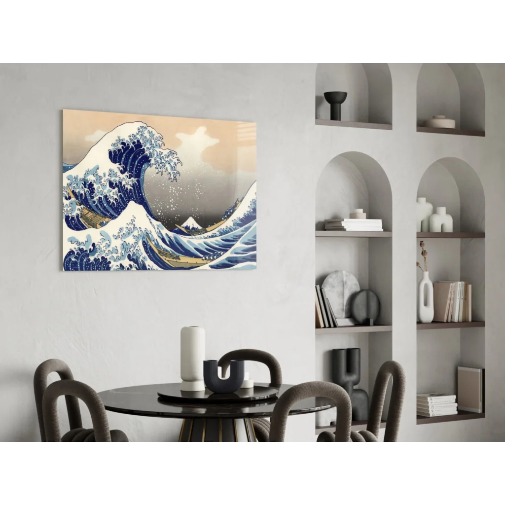 Vibrant blue and white wave glass wall art with Mount Fuji